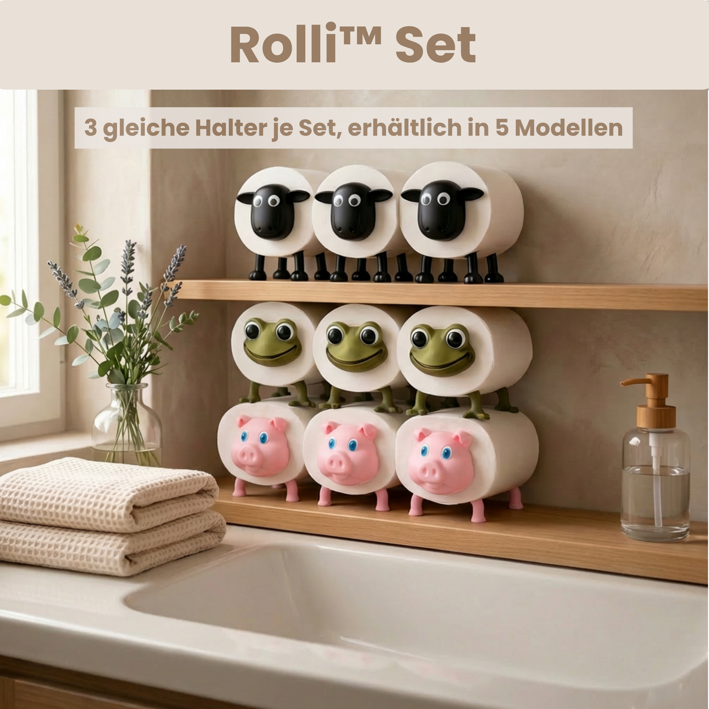 Rolli™ Set - Drei humorvolle Toilettenpapierhalter fürs Badezimmer